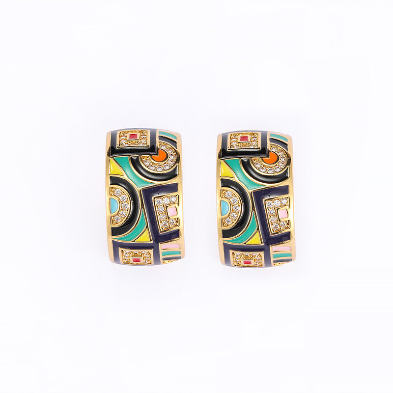 Retro Color Enamel C- Shaped Stud Earrings For Women