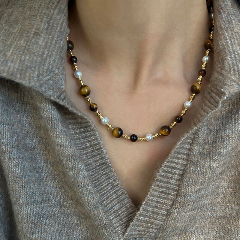 Tigereye Pearl Necklace Women's Retro Fashion Short Necklace