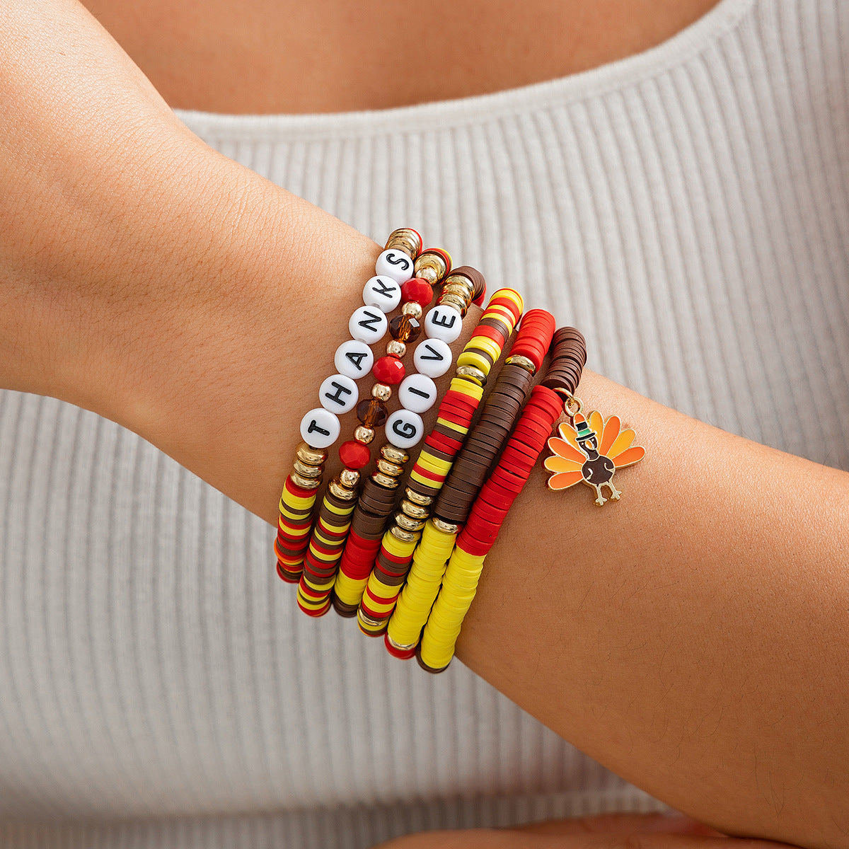 Thanksgiving Maple Leaf Acrylic  Creative Handmade Polymer Clay Beaded Bracelet Suit