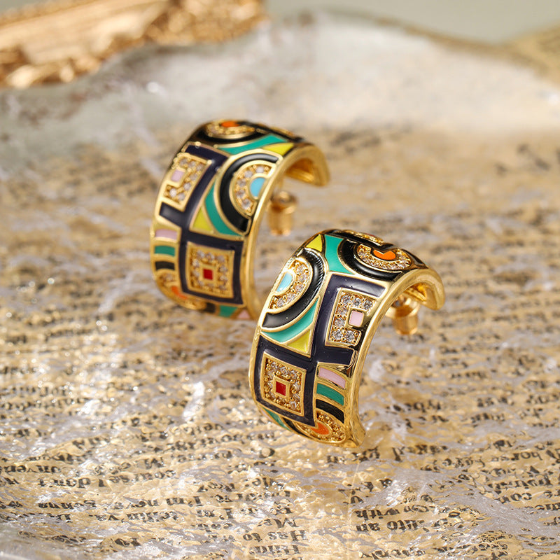 Retro Color Enamel C- Shaped Stud Earrings For Women