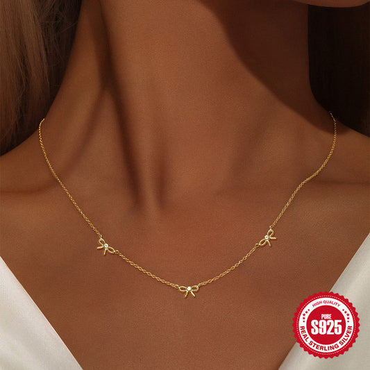 S925 Sterling Silver Bow Diamond Piercing Ear Bone Stud Bracelet Necklace Jewelry Suit