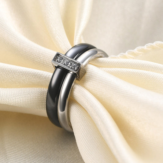 Glossy Stitching Inlaid Zirconium Ceramic 6MM Ring For Women