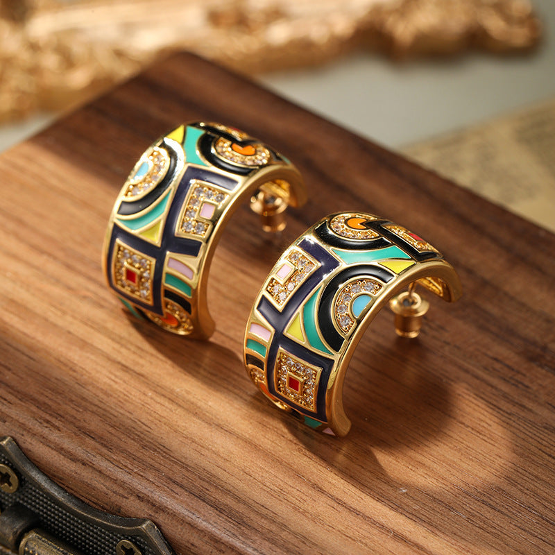 Retro Color Enamel C- Shaped Stud Earrings For Women