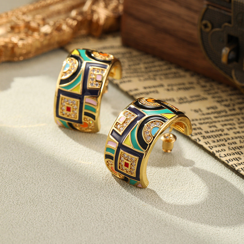 Retro Color Enamel C- Shaped Stud Earrings For Women