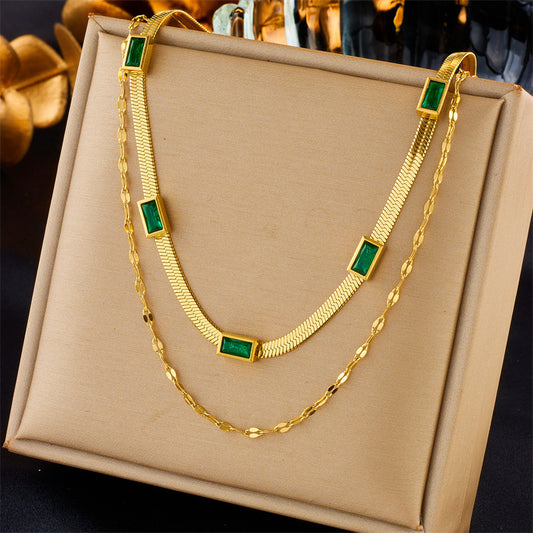 Fashion Retro High Class Elegant Double Layer Twin Blade Clavicle Chain Square Diamond Accessories Necklace