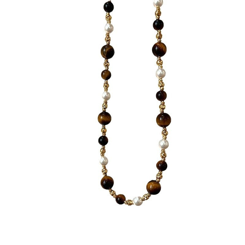 Tigereye Pearl Necklace Women's Retro Fashion Short Necklace