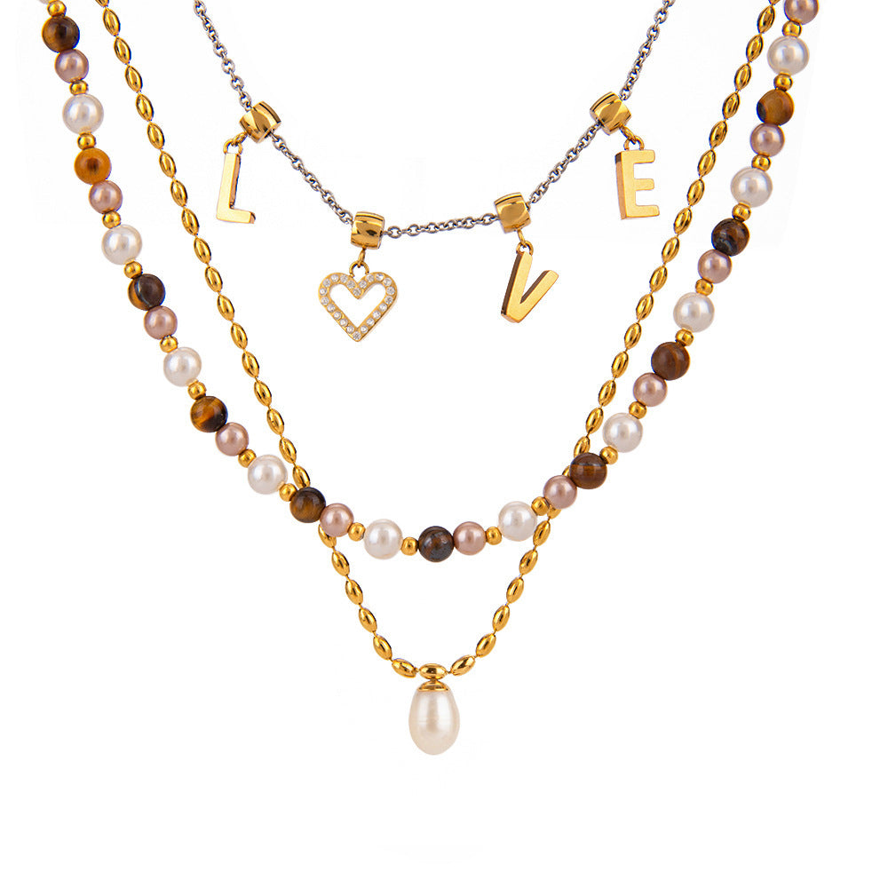 Stainless Steel Freshwater Pearl Tiger Eye Stone Pendant Bead Necklace