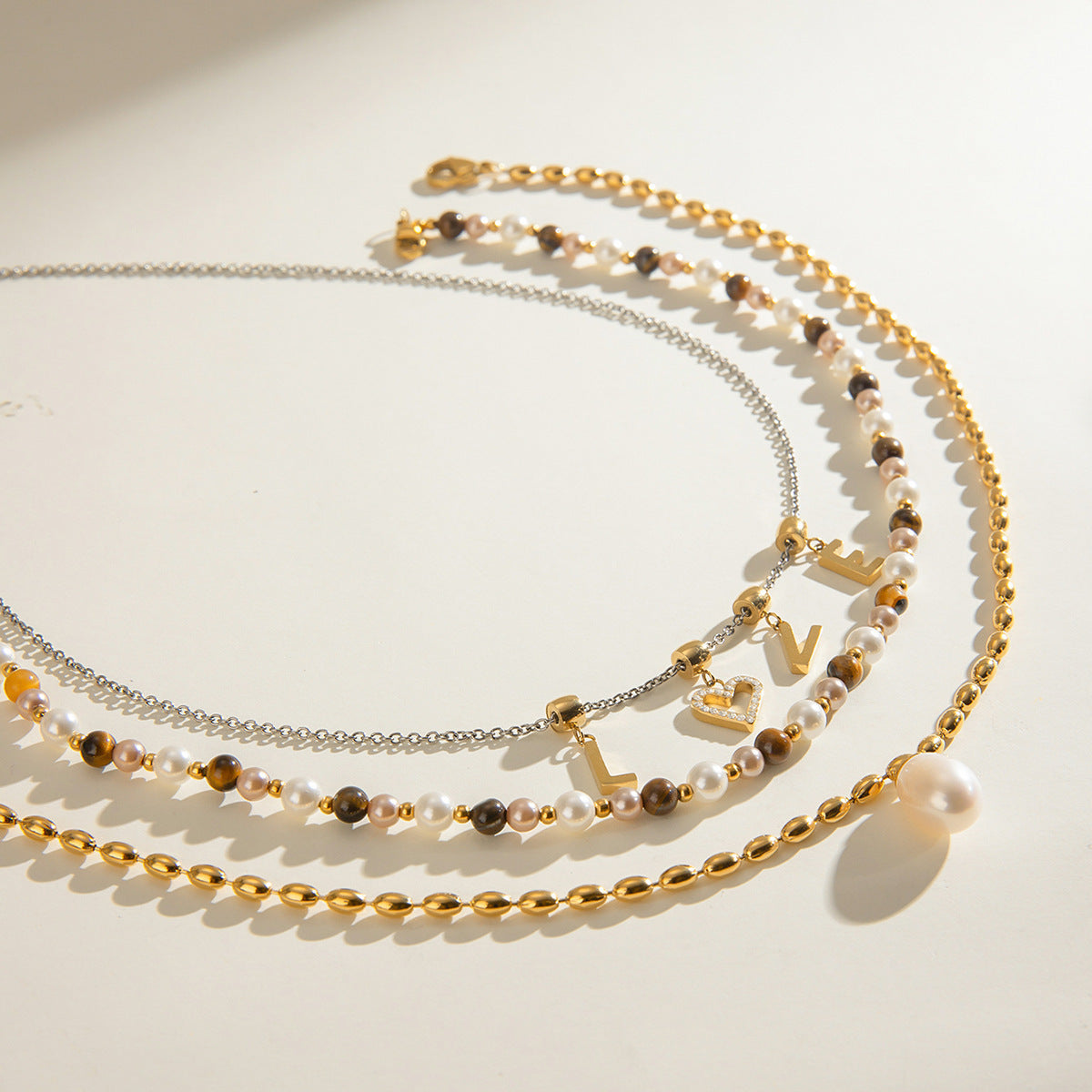 Stainless Steel Freshwater Pearl Tiger Eye Stone Pendant Bead Necklace