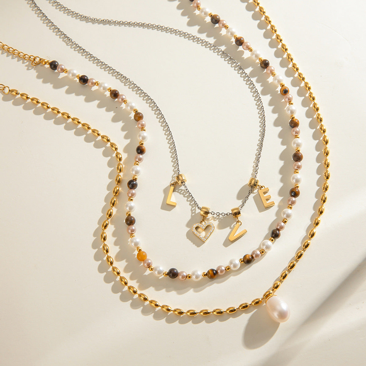 Stainless Steel Freshwater Pearl Tiger Eye Stone Pendant Bead Necklace