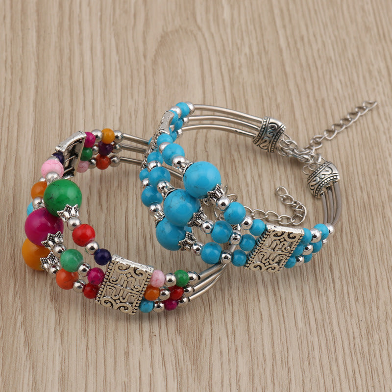 Tibetan Accessories Colorful Beads Wide Bangle Turquoise Bracelet