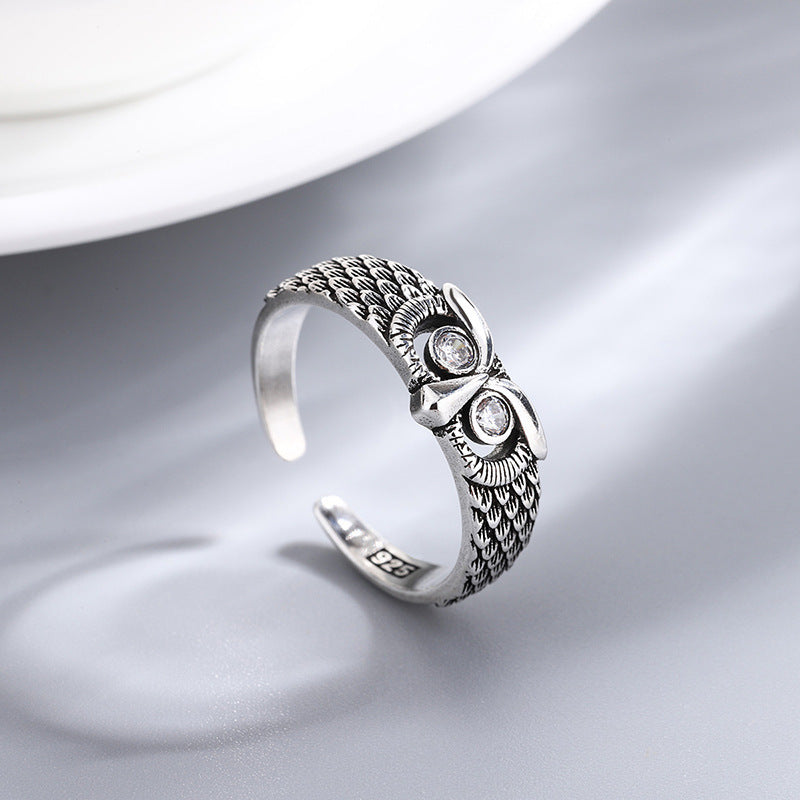 S925 Sterling Silver Personalized And Trendy White Zircon Owl Ring