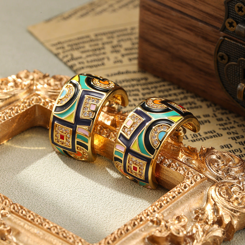 Retro Color Enamel C- Shaped Stud Earrings For Women