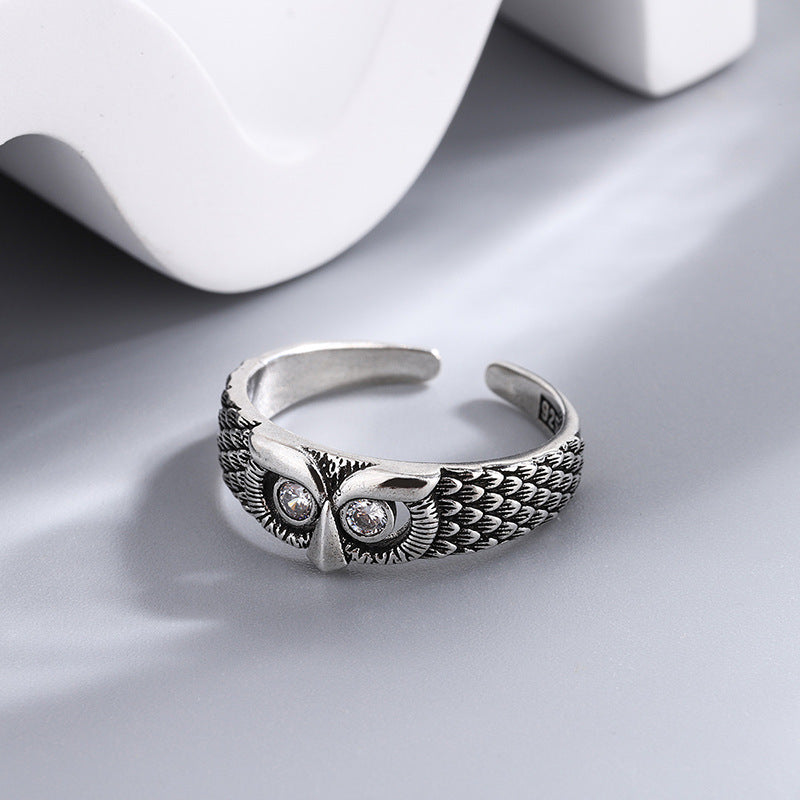 S925 Sterling Silver Personalized And Trendy White Zircon Owl Ring