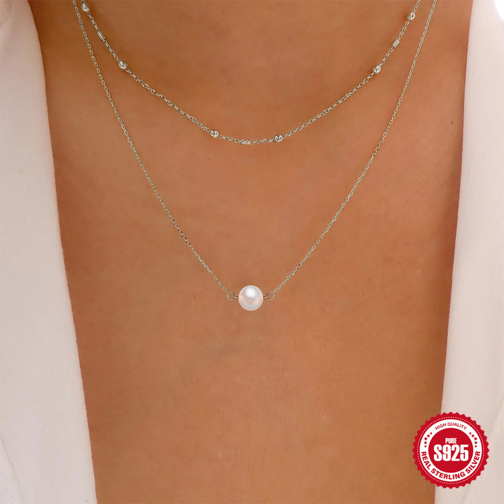 S925 Sterling Silver Temperamental Double Layer Twin Pearl Necklace For Women