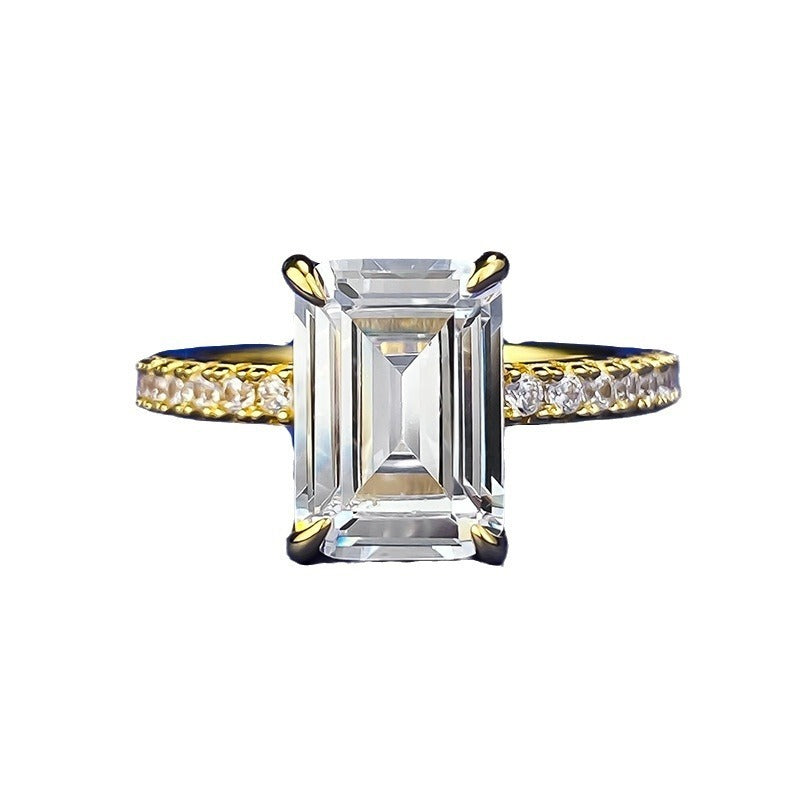 S925 Silver High Carbon Rhinestone Ring Rectangular