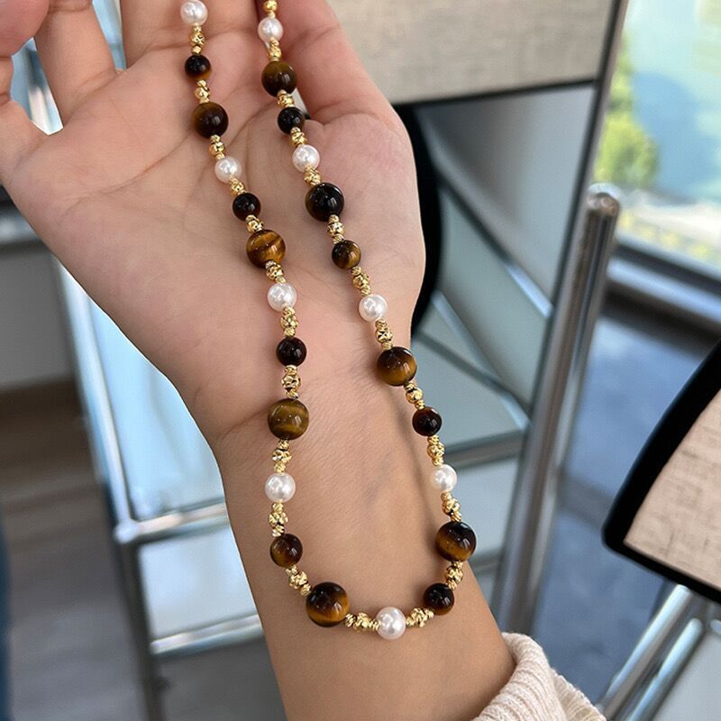 Tigereye Pearl Necklace Women's Retro Fashion Short Necklace